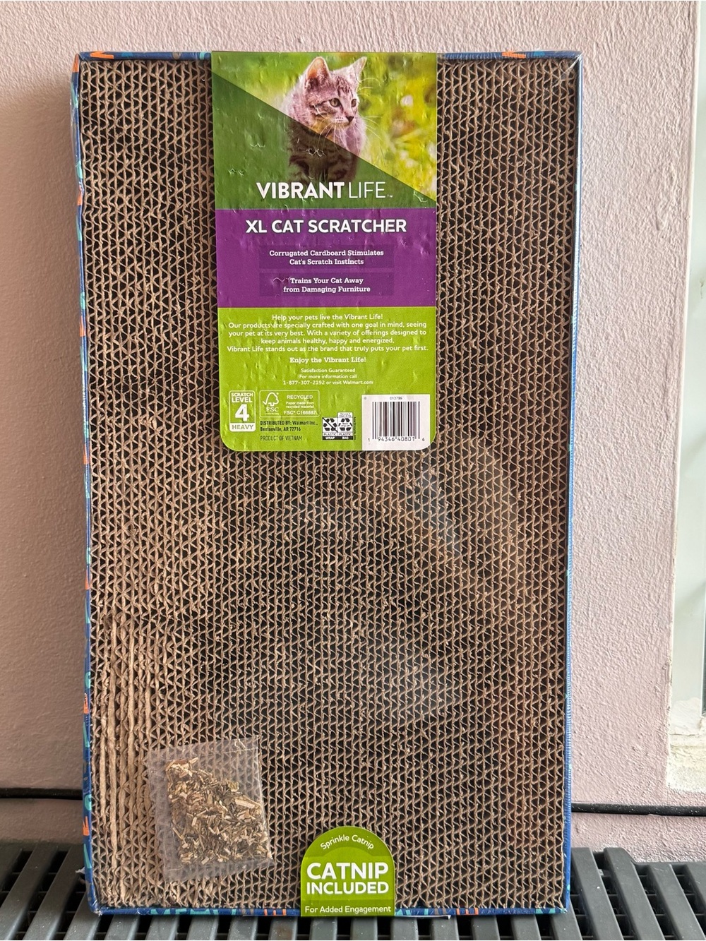 Vibrant Life XL Cat Scratcher - Brown Corrugated with Green & Purple Label